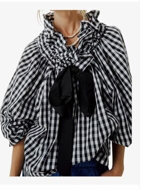 Black & White Adjustable Ruffled Collar Puff Sleeves Top Generous Fit Size S NWT